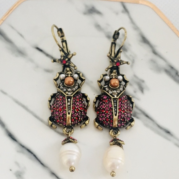 2/$25 Ruby Scarab Skull Faux Pearl Drop Earrings - Picture 3 of 7